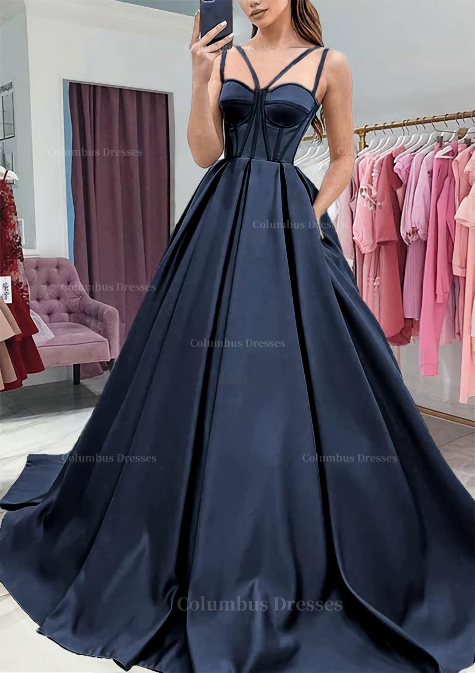 Prom Dress Blush, A-line Sweetheart Sleeveless Satin Sweep Train Prom Dress With Pockets