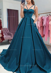 Prom Dresses Blushes, A-line Sweetheart Sleeveless Satin Sweep Train Prom Dress With Pockets