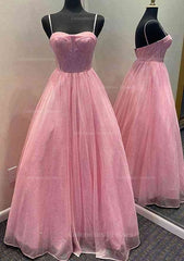 Formal Dresses Wedding, A-line Sweetheart Spaghetti Straps Long/Floor-Length Glitter Prom Dress With Pockets