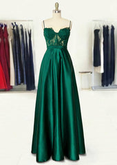 Evening Dresses Near Me, A-line Sweetheart Spaghetti Straps Long/Floor-Length Satin Prom Dress With Appliqued Pockets