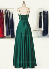 Evening Dresses Sale, A-line Sweetheart Spaghetti Straps Long/Floor-Length Satin Prom Dress With Appliqued Pockets