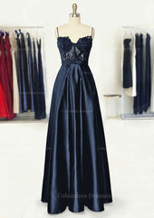 Evening Dress Sale, A-line Sweetheart Spaghetti Straps Long/Floor-Length Satin Prom Dress With Appliqued Pockets