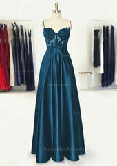 Evening Dress For Sale, A-line Sweetheart Spaghetti Straps Long/Floor-Length Satin Prom Dress With Appliqued Pockets