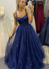Prom Dress Lace, A-line Sweetheart Spaghetti Straps Long/Floor-Length Tulle Glitter Prom Dress