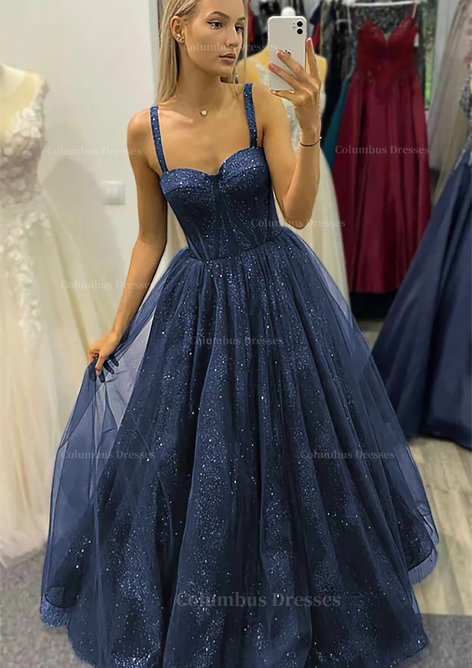 Prom Dress Long Beautiful, A-line Sweetheart Spaghetti Straps Long/Floor-Length Tulle Glitter Prom Dress