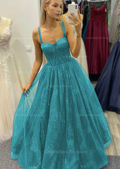 Prom Dress Sweetheart, A-line Sweetheart Spaghetti Straps Long/Floor-Length Tulle Glitter Prom Dress