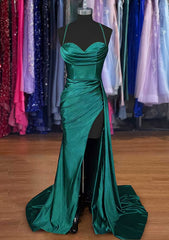 Prom Dresses Chicago, A-line Sweetheart Spaghetti Straps Sweep Train Silk like Satin Ruched Prom Dress