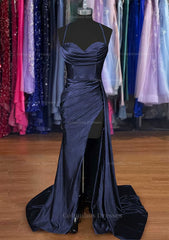 Prom Dress Long With Slit, A-line Sweetheart Spaghetti Straps Sweep Train Silk like Satin Ruched Prom Dress