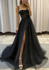 Formal Dress Outfits, A-line Sweetheart Spaghetti Straps Sweep Train Tulle Glitter Prom Dress With Appliqued