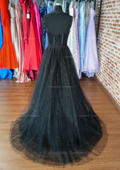Formal Dresses Lace, A-line Sweetheart Spaghetti Straps Sweep Train Tulle Glitter Prom Dress With Appliqued