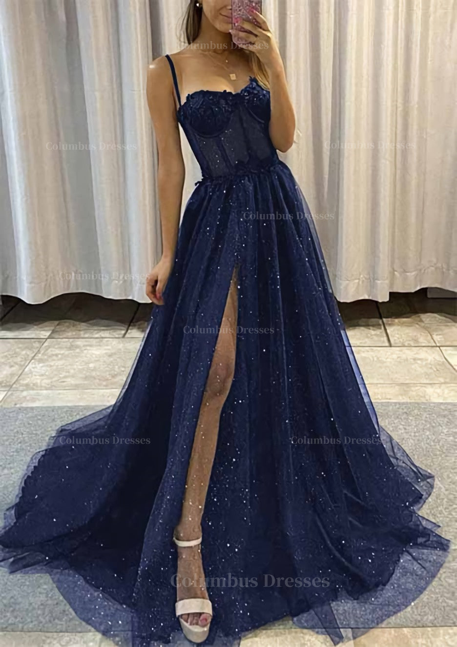 Formal Dress Gown, A-line Sweetheart Spaghetti Straps Sweep Train Tulle Glitter Prom Dress With Appliqued