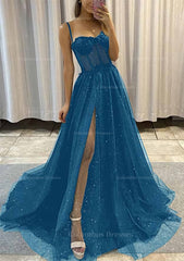 Formal Dresses Gowns, A-line Sweetheart Spaghetti Straps Sweep Train Tulle Glitter Prom Dress With Appliqued