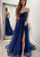 Party Dress Roman, A-line Sweetheart Spaghetti Straps Sweep Train Tulle Prom Dress With Appliqued Split