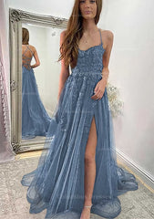 Party Dress Short Clubwear, A-line Sweetheart Spaghetti Straps Sweep Train Tulle Prom Dress With Appliqued Split