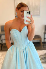 A-Line Sweetheart Strapless Blue Long Prom Dress