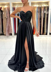 Formal Dress Long Gown, A-line Sweetheart Strapless Sweep Train Charmeuse Prom Dress With Pleated Split