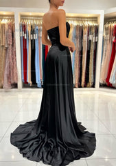 Formal Dress Long Gowns, A-line Sweetheart Strapless Sweep Train Charmeuse Prom Dress With Pleated Split