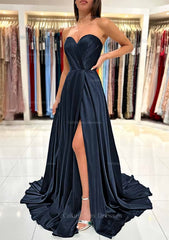 Formal Dresses Long Gowns, A-line Sweetheart Strapless Sweep Train Charmeuse Prom Dress With Pleated Split