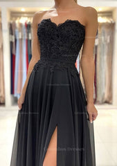 Prom Dresses 2046 Black, A-line Sweetheart Sweep Train Chiffon Prom Dress With Lace Beading Split
