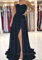 Prom Dresses With Shorts Underneath, A-line Sweetheart Sweep Train Chiffon Prom Dress With Lace Beading Split