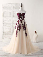 Prom Dresses With Pockets, A-Line Sweetheart Tulle Lace Applique Burgundy Long Prom Dress, Bridesmaid Dress