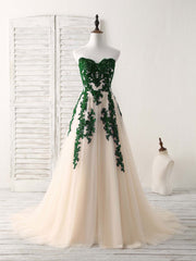 Prom Dress Black, A-Line Sweetheart Tulle Lace Applique Green Long Prom Dress, Bridesmaid Dress