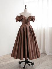 Prom Dress Types, A-Line Tea length Brown Prom dresses, Off Shoulder Brown Formal Dress with Beading