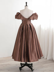 Prom Dress Type, A-Line Tea length Brown Prom dresses, Off Shoulder Brown Formal Dress with Beading