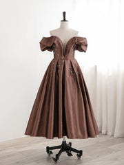Prom Dresses Beautiful, A-Line Tea length Brown Prom dresses, Off Shoulder Brown Formal Dress with Beading