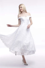 Wedding Dresses Mermaid, A Line Tea Length Lace Off Shoulder Mid-length Wedding Dresses