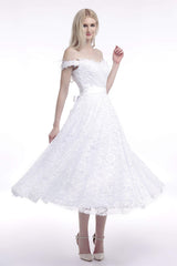 Wedding Dress Lace, A Line Tea Length Lace Off Shoulder Mid-length Wedding Dresses