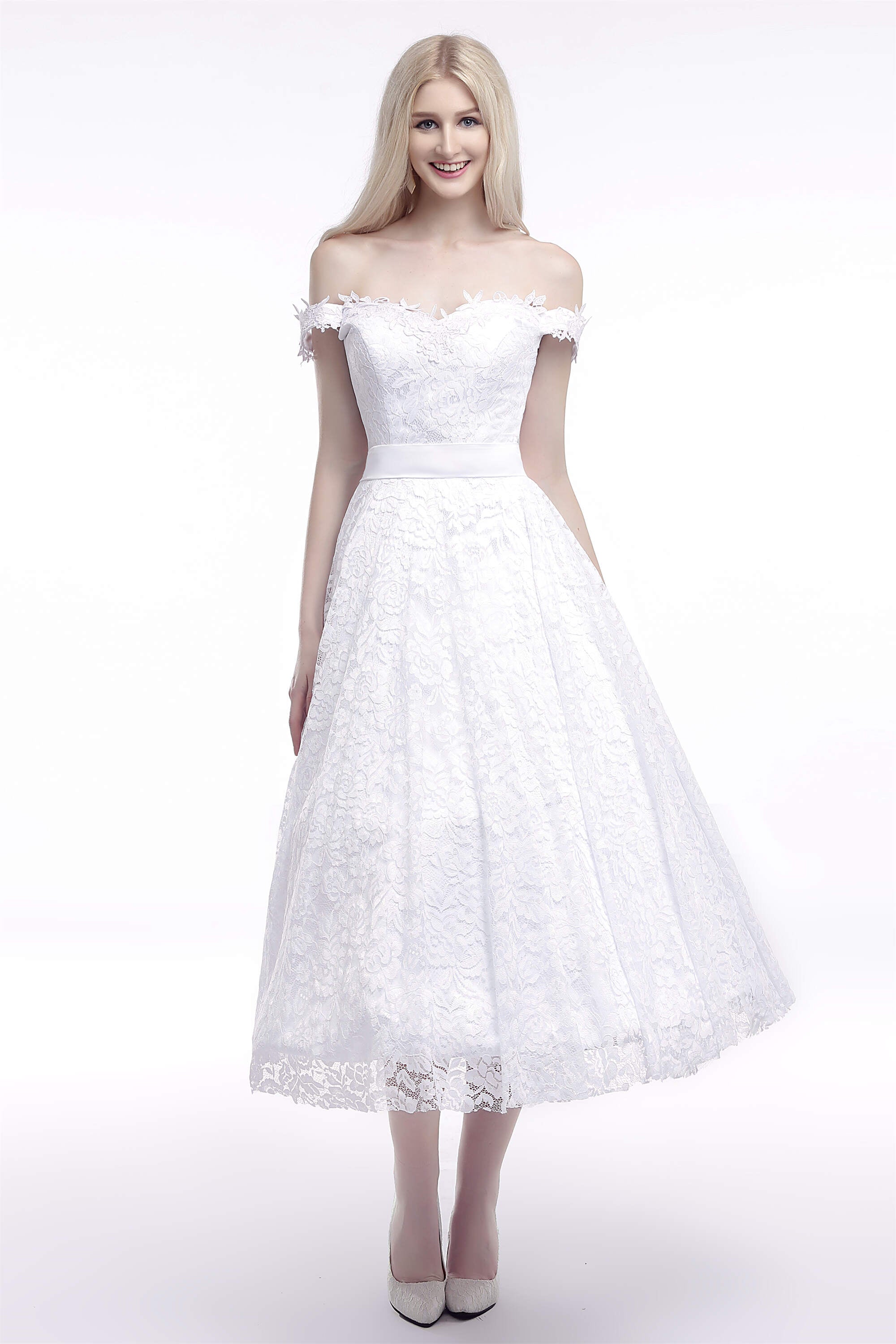 Wedding Dress Mermaid, A Line Tea Length Lace Off Shoulder Mid-length Wedding Dresses