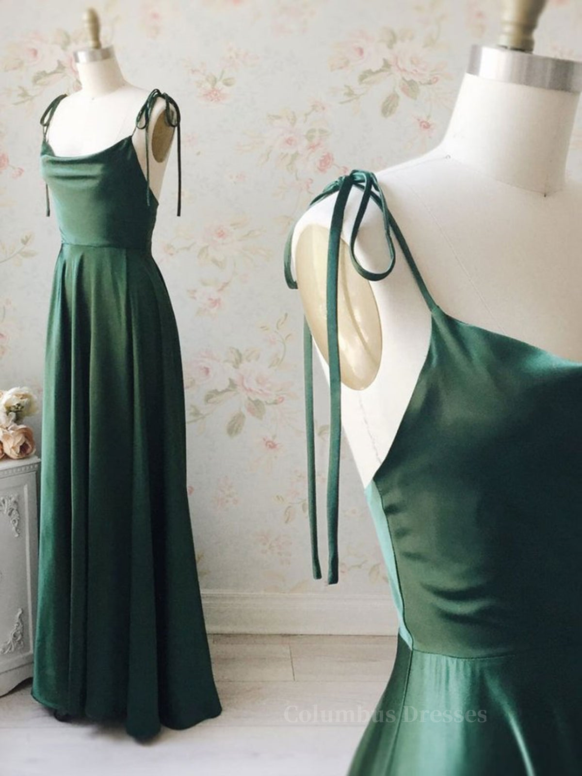 Formal Dresses With Sleeves, A Line Thin Straps Green Long Prom Dresses, Green Formal Graduation Evening Dresses