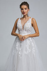 Wedding Dress Sleeves Lace, A-Line tulle applique sleeveless floor length wedding dress