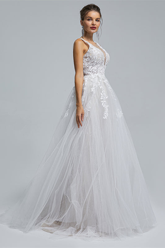 Wedding Dresses Sleeves Lace, A-Line tulle applique sleeveless floor length wedding dress