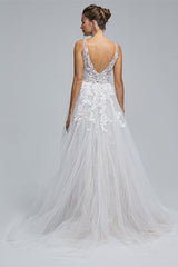 Wedding Dresses Sleeve Lace, A-Line tulle applique sleeveless floor length wedding dress