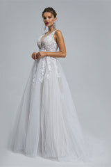 Wedding Dress Sleeve Lace, A-Line tulle applique sleeveless floor length wedding dress