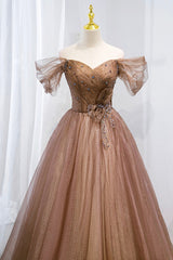 Homecoming Dresses Simpl, A-Line Tulle Beaded Long Formal Dress, Off the Shoulder Evening Dress