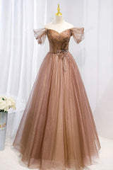 Homecoming Dress Boutiques, A-Line Tulle Beaded Long Formal Dress, Off the Shoulder Evening Dress