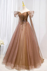 Homecoming Dress Simple, A-Line Tulle Beaded Long Formal Dress, Off the Shoulder Evening Dress
