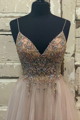 Prom Dresses Long Beautiful, A-Line Tulle Beaded Long Prom Dress, Cute V-Neck Evening Party Dress