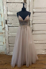 Prom Dress Lace, A-Line Tulle Beaded Long Prom Dress, Cute V-Neck Evening Party Dress