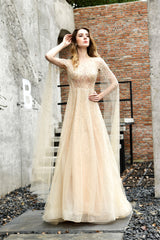 Bridesmaids Dresses Satin, A-Line Tulle Beading Handwork Long Sleeves Prom Dresses