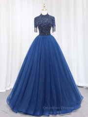 Evening Dresses Online Shop, A-Line Tulle Blue Long Prom Dress, Blue Formal Evening Dress with Beading