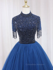 Evening Dresses With Sleeves, A-Line Tulle Blue Long Prom Dress, Blue Formal Evening Dress with Beading