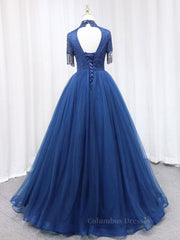 Evening Dress Stunning, A-Line Tulle Blue Long Prom Dress, Blue Formal Evening Dress with Beading