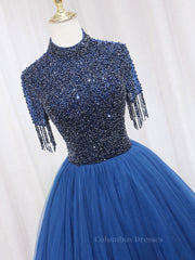 Evening Dresses Stunning, A-Line Tulle Blue Long Prom Dress, Blue Formal Evening Dress with Beading