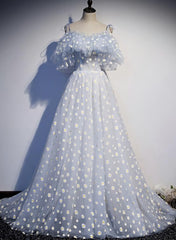 Homecoming Dress Inspo, A-line Tulle Blue Off Shoulder Prom Dresses, Long Evening Dresses Party Dresses