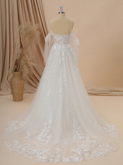Wedding Dress Customizations, A-line Tulle Cold Shoulder Appliques Lace Chapel Train Wedding Dress