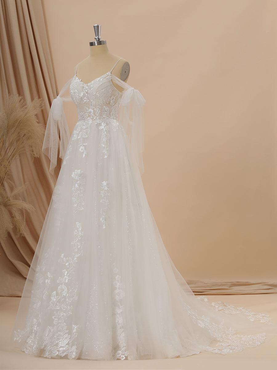 Wedding Dress Custom, A-line Tulle Cold Shoulder Appliques Lace Chapel Train Wedding Dress